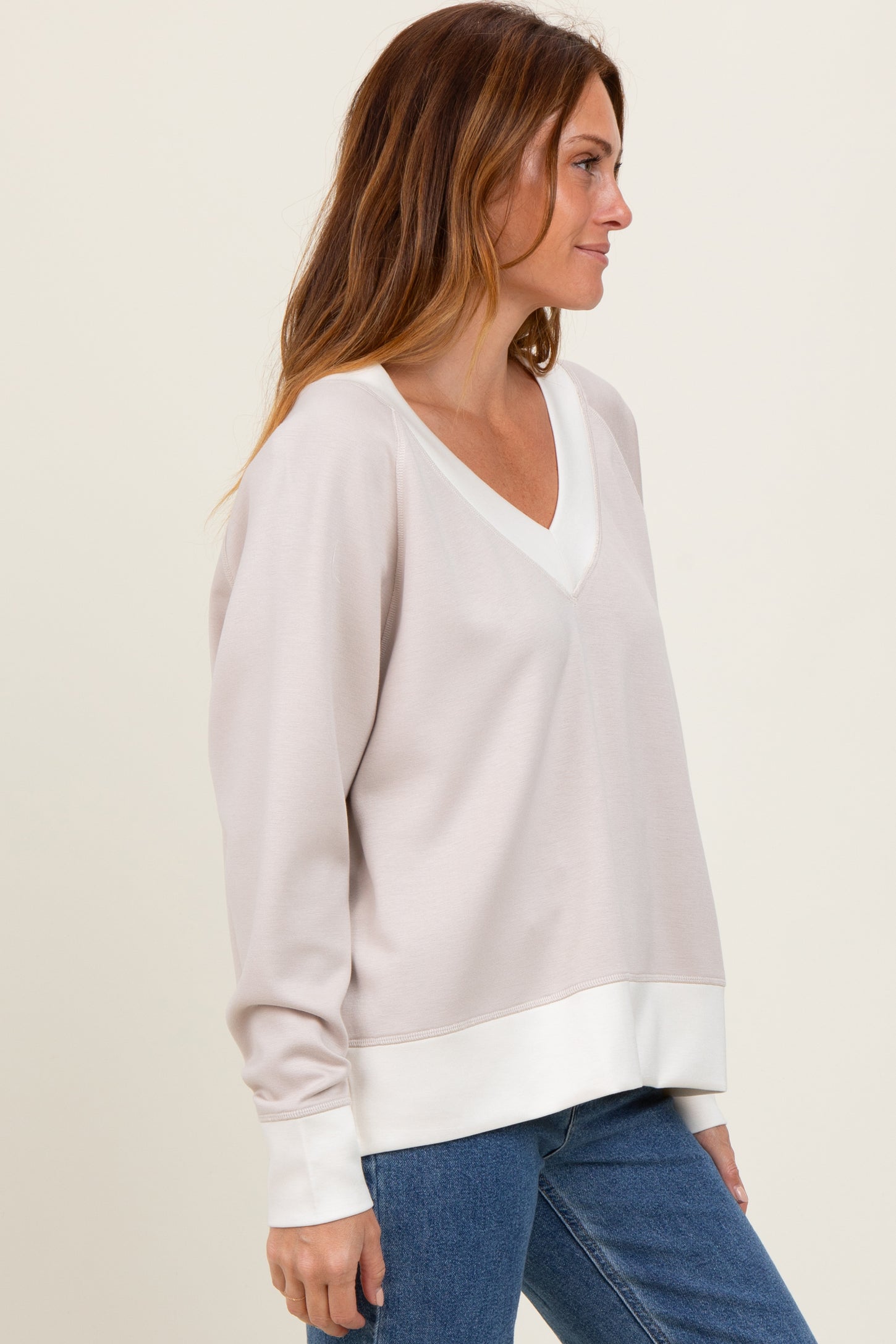 Beige Colorblock V-Neck Pullover Top