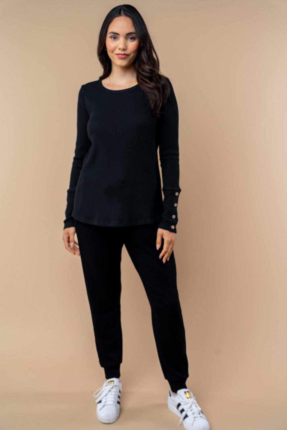 Black Ribbed Knit Button Detail Long Sleeve Top