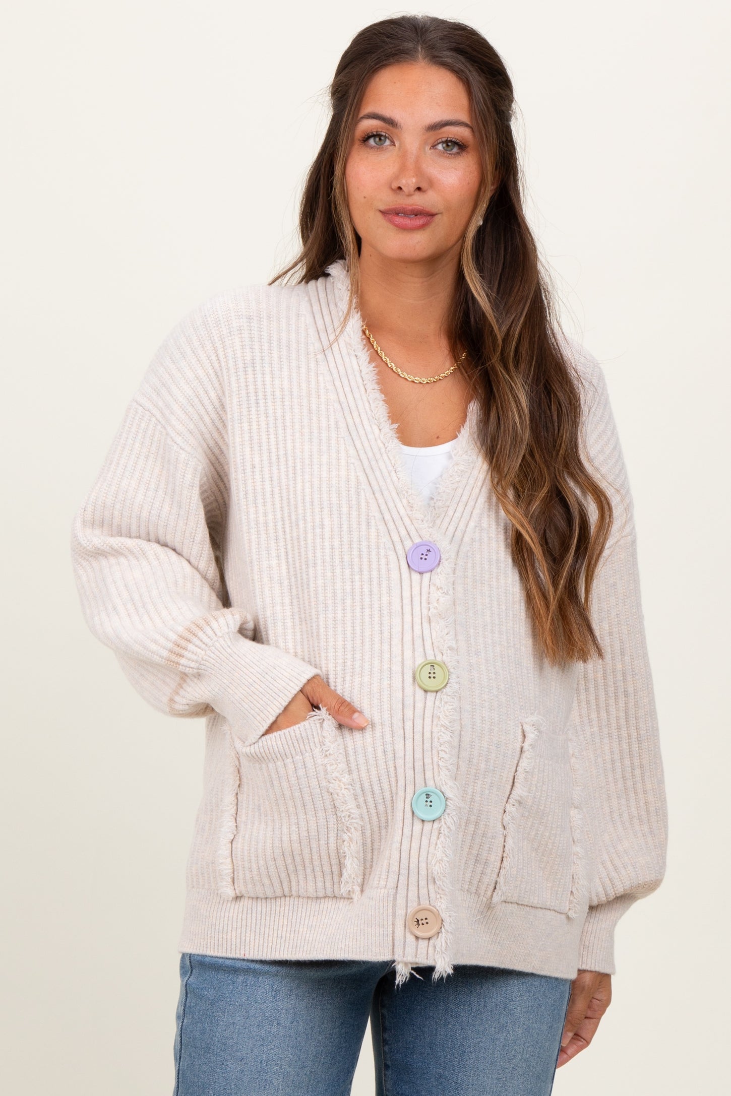 Cream Ribbed Fringe Detail Maternity Button Cardigan