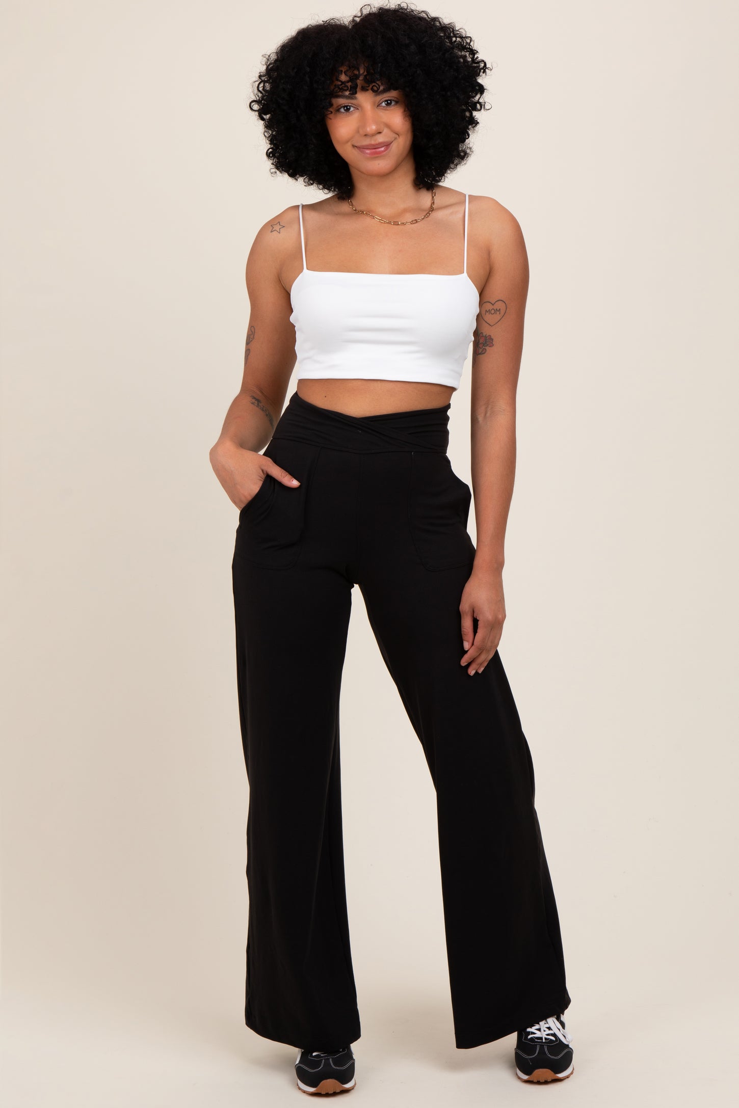 Black Crossover Waist Active Wide Leg Maternity Pant