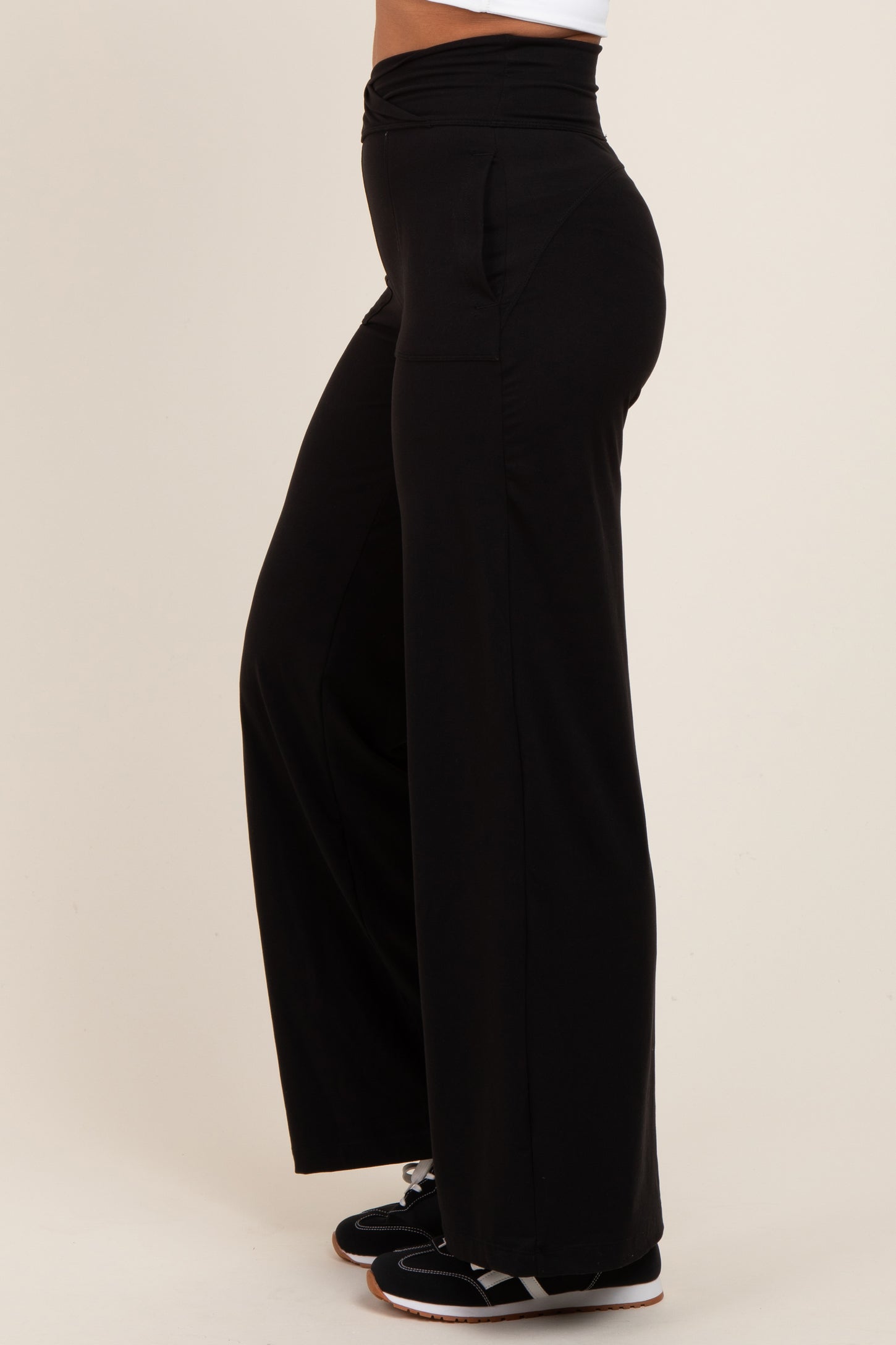 Black Crossover Waist Active Wide Leg Pant