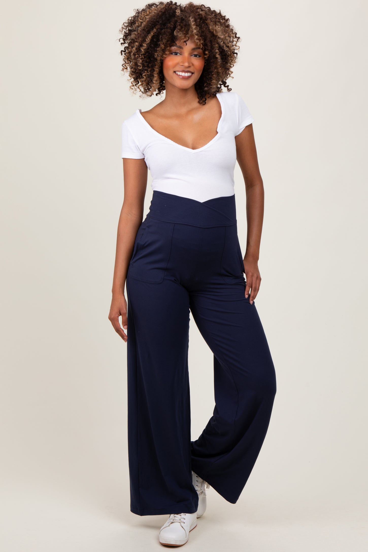 Navy Crossover Waist Active Wide Leg Maternity Pant