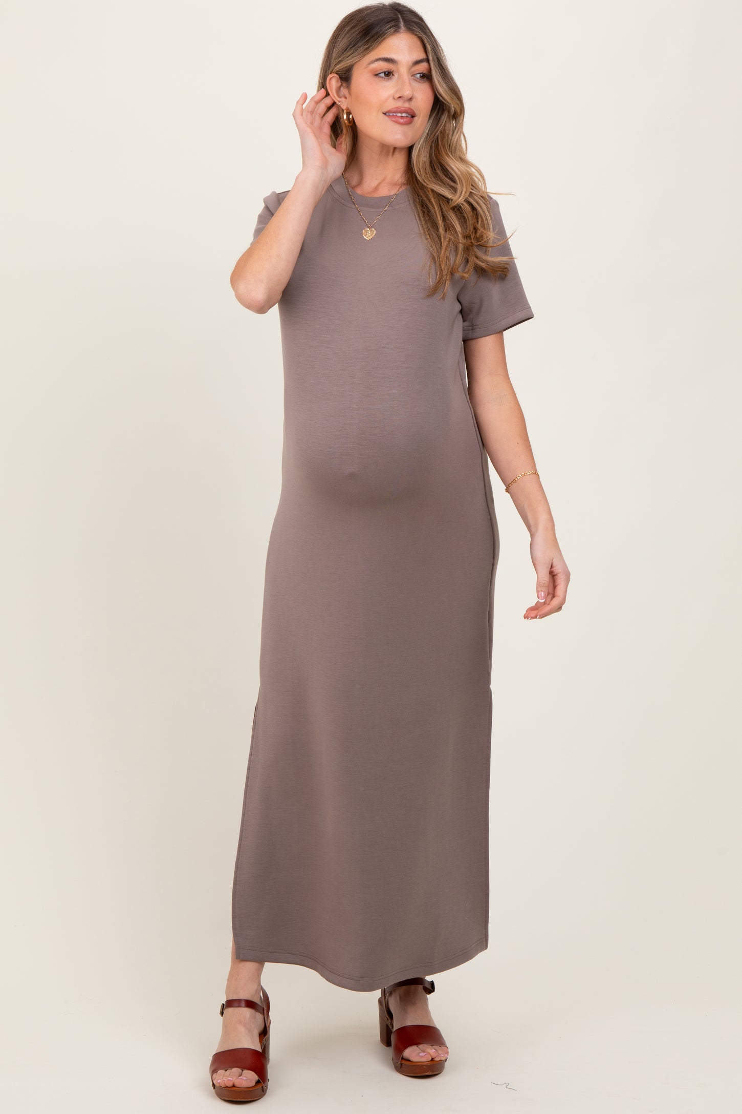 Taupe Basic Side Slit Short Sleeve Maternity Midi Dress