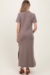 Taupe Basic Side Slit Short Sleeve Maternity Midi Dress