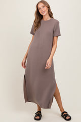 Taupe Basic Side Slit Short Sleeve Midi Dress