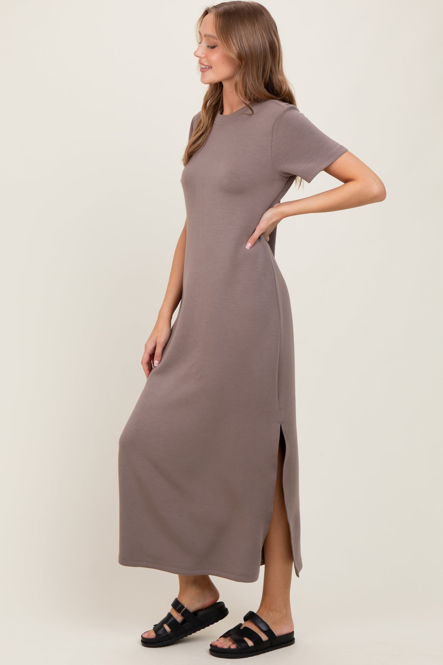 Taupe Basic Side Slit Short Sleeve Midi Dress