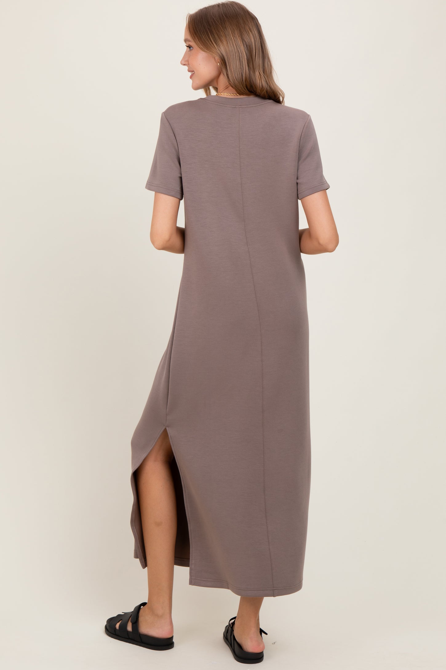 Taupe Basic Side Slit Short Sleeve Midi Dress