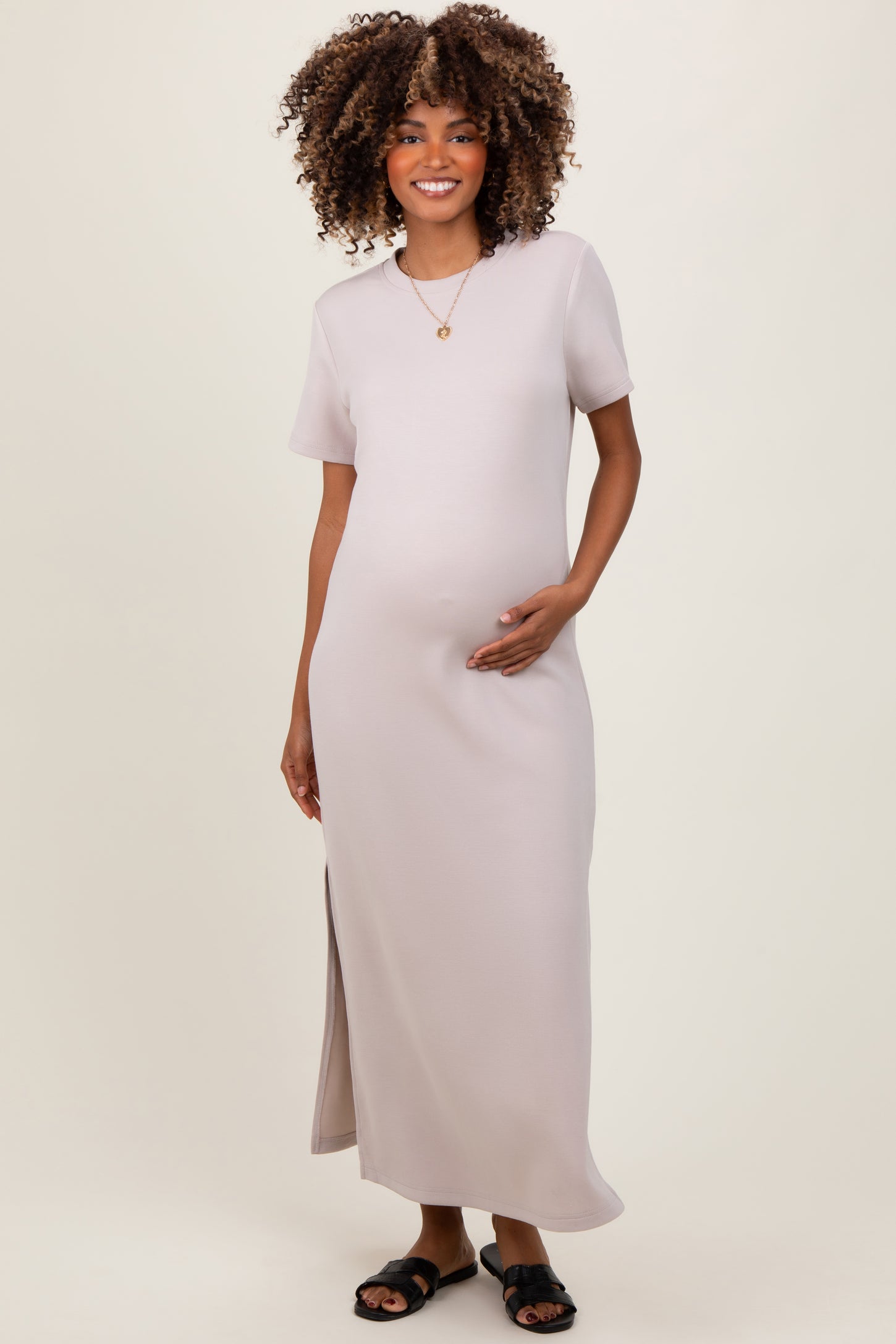 Cream Basic Side Slit Short Sleeve Maternity Midi Dress