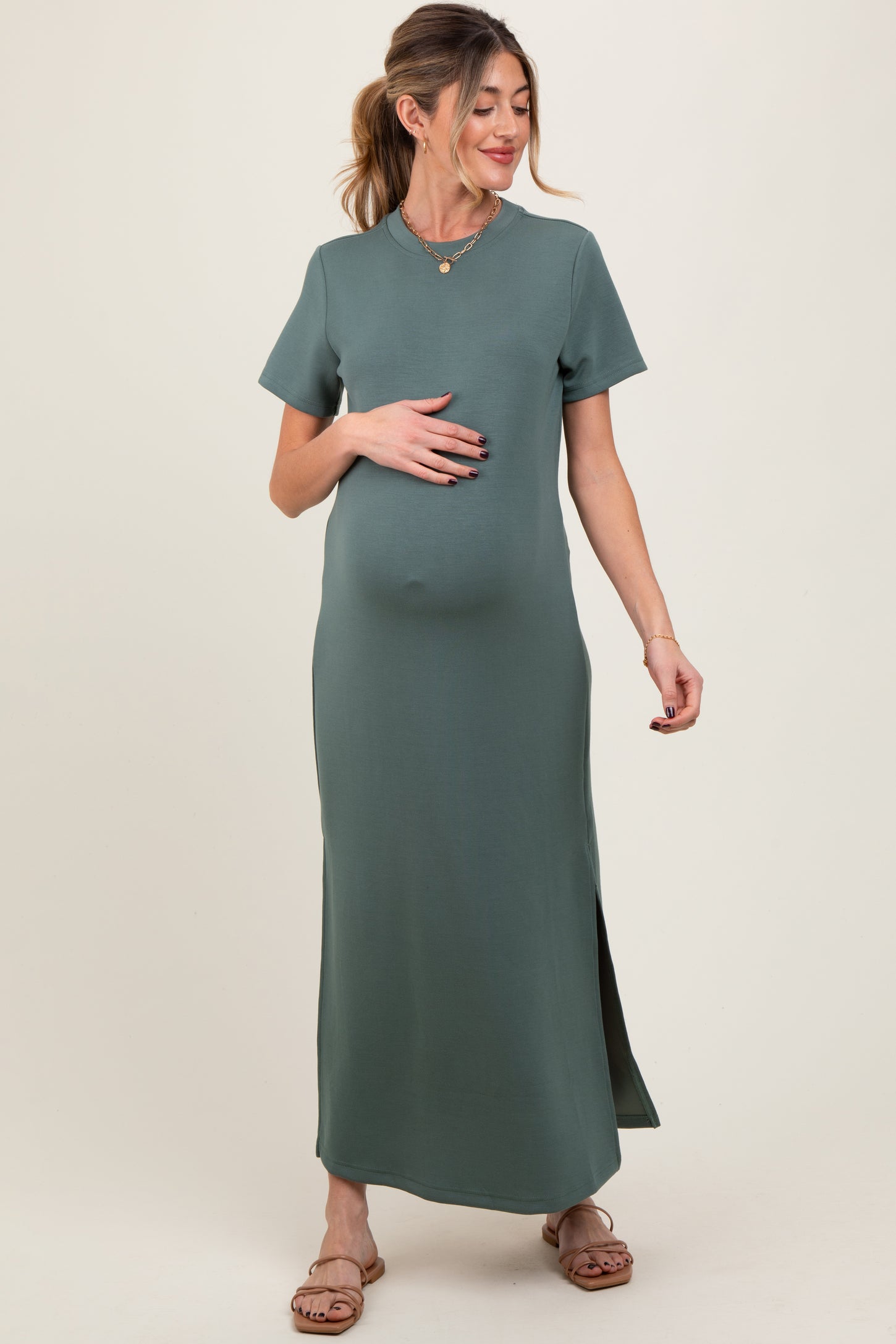 Light Olive Basic Side Slit Short Sleeve Maternity Midi Dress