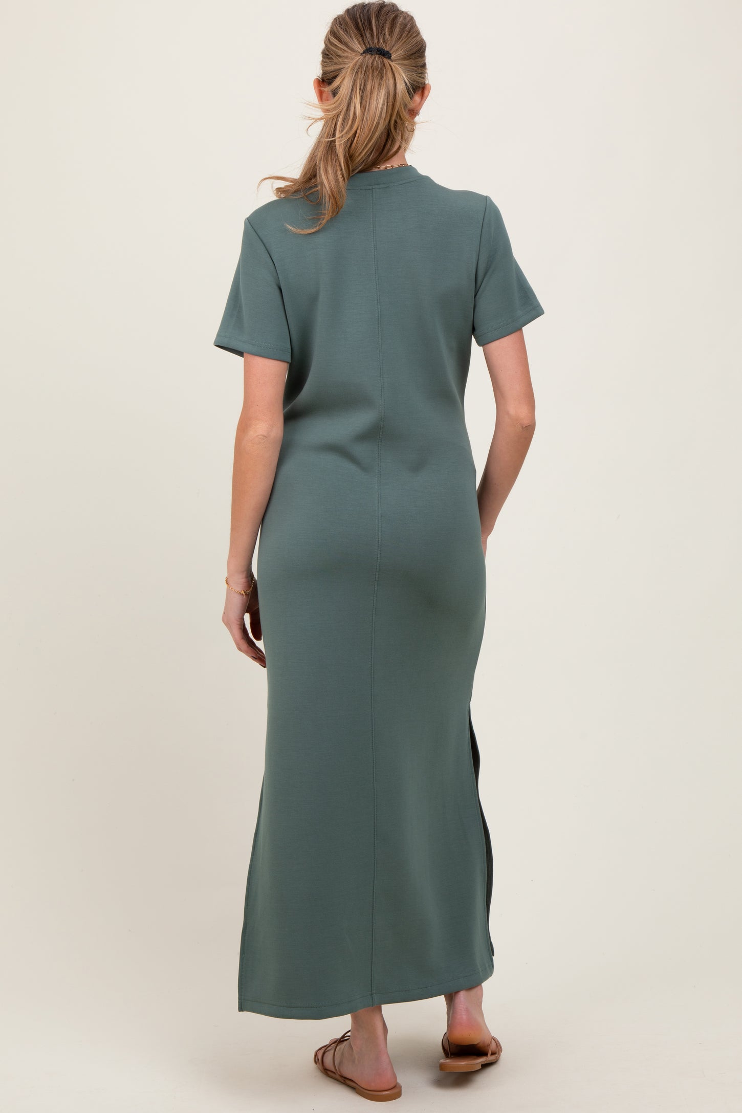 Light Olive Basic Side Slit Short Sleeve Maternity Midi Dress