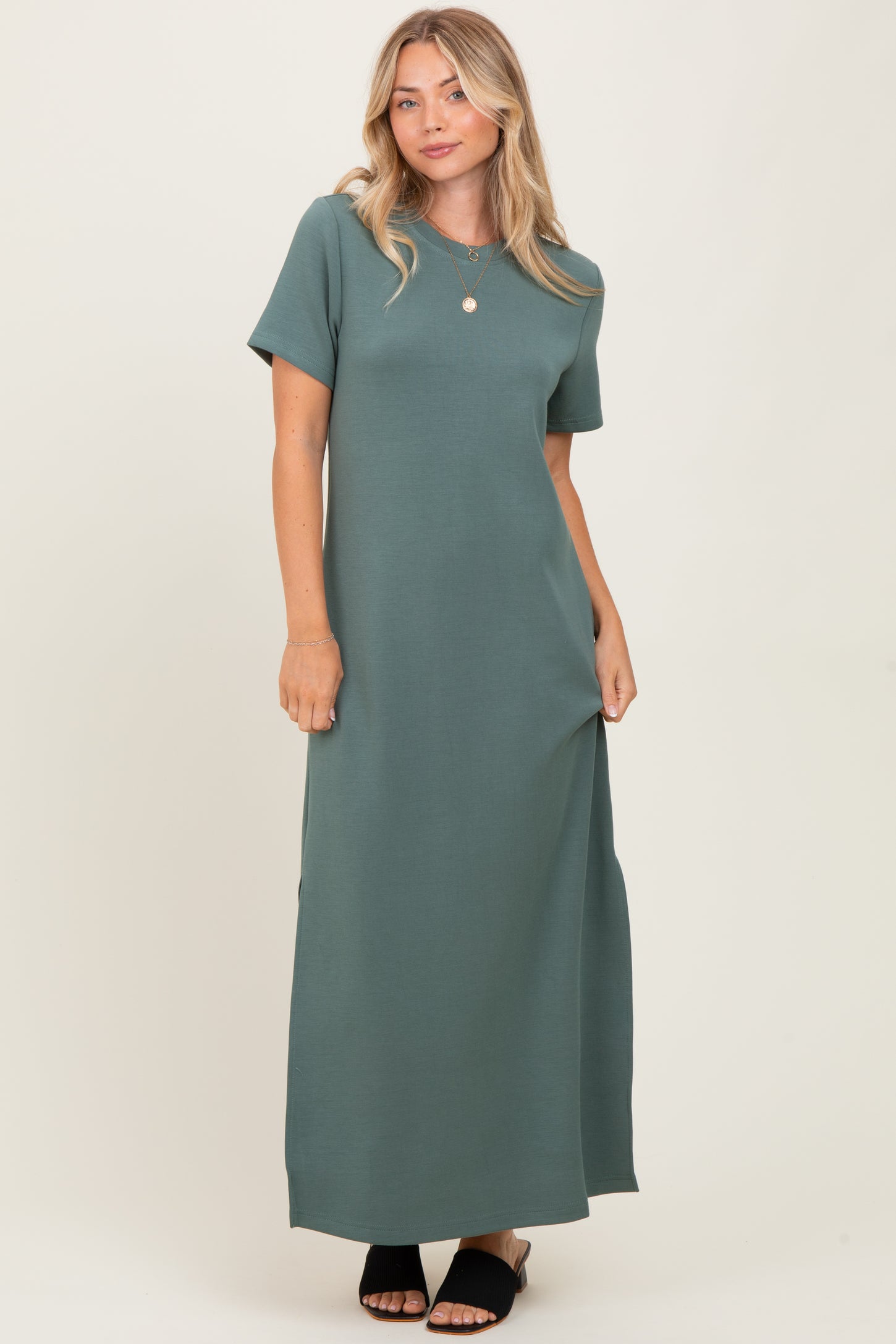 Light Olive Basic Side Slit Short Sleeve Midi Dress