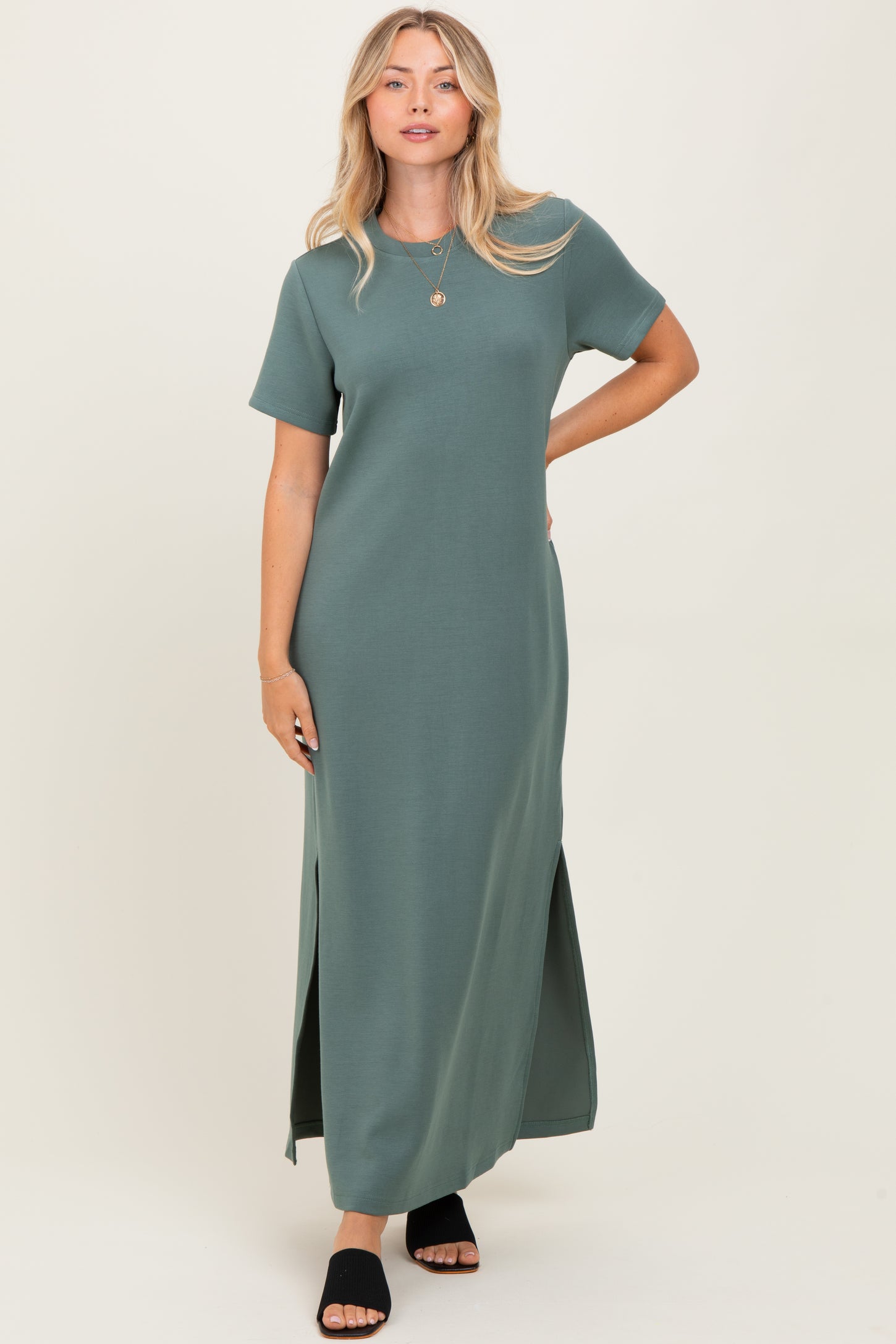 Light Olive Basic Side Slit Short Sleeve Midi Dress