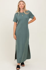 Light Olive Basic Side Slit Short Sleeve Midi Dress