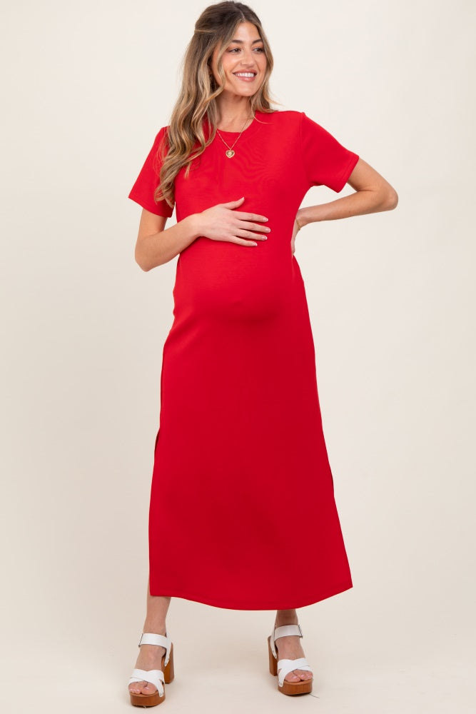 Red Basic Side Slit Short Sleeve Maternity Midi Dress