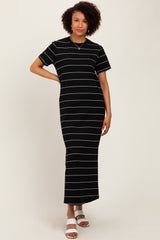 Black Striped Short Sleeve Side Slit Maternity Midi Dress