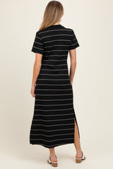 Black Striped Short Sleeve Side Slit Maternity Midi Dress