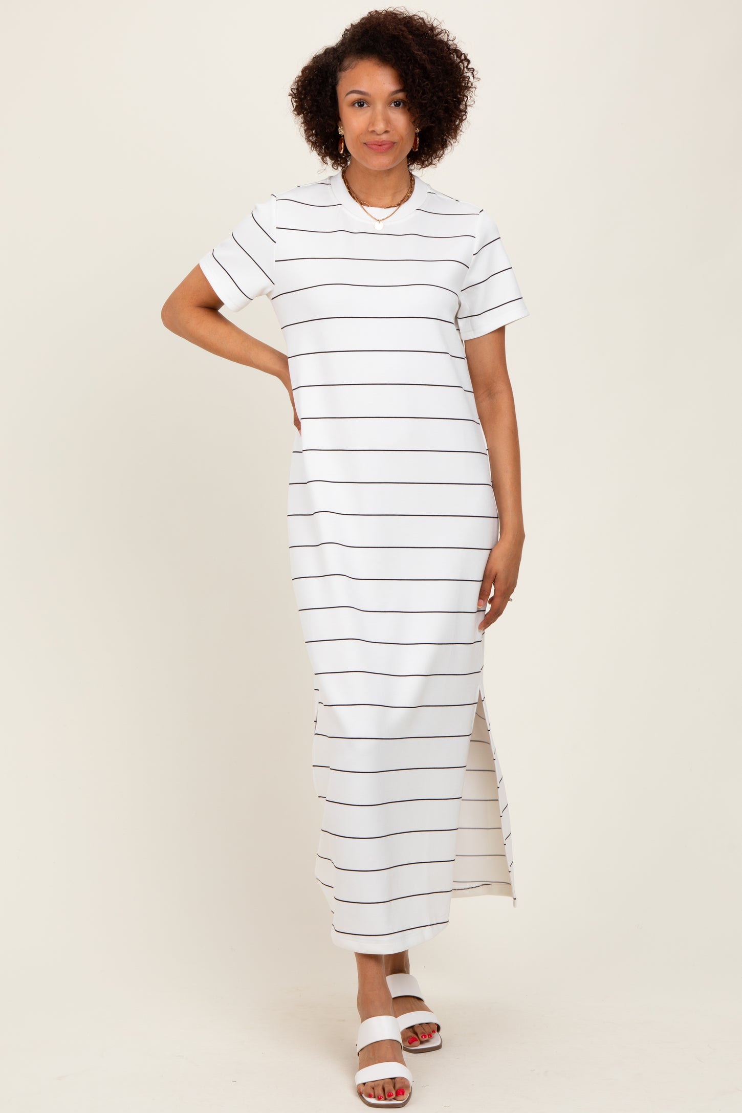 Ivory Striped Short Sleeve Side Slit Midi Dress