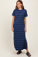 Navy Striped Short Sleeve Side Slit Maternity Midi Dress