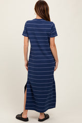 Navy Striped Short Sleeve Side Slit Midi Dress