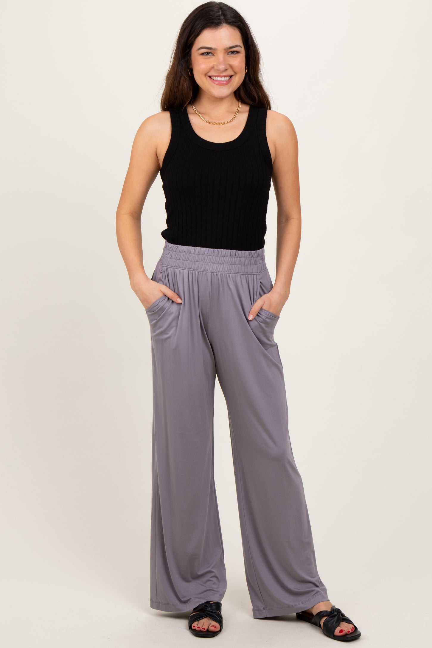 Mocha Basic Wide Leg Pocketed Pants