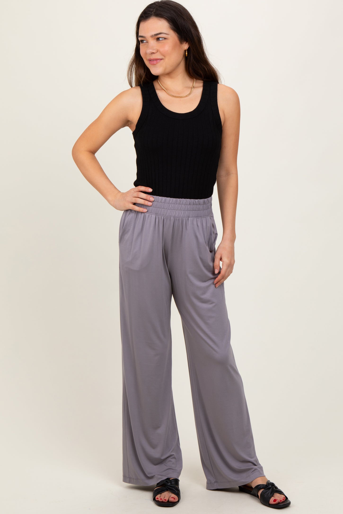 Mocha Basic Wide Leg Pocketed Pants