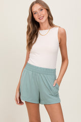 Light Olive Basic Rounded Hem Shorts