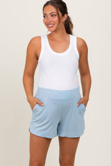 Light Blue Basic Rounded Hem Maternity Shorts