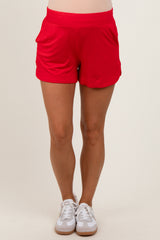Red Basic Rounded Hem Maternity Shorts