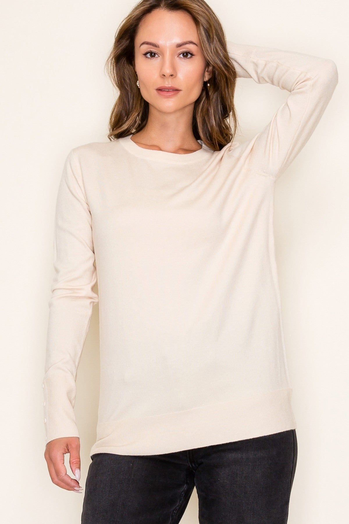 Cream Knit Long Button Sleeve Top