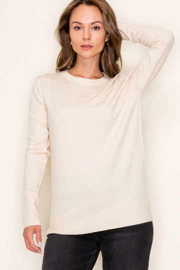 Cream Knit Long Button Sleeve Top