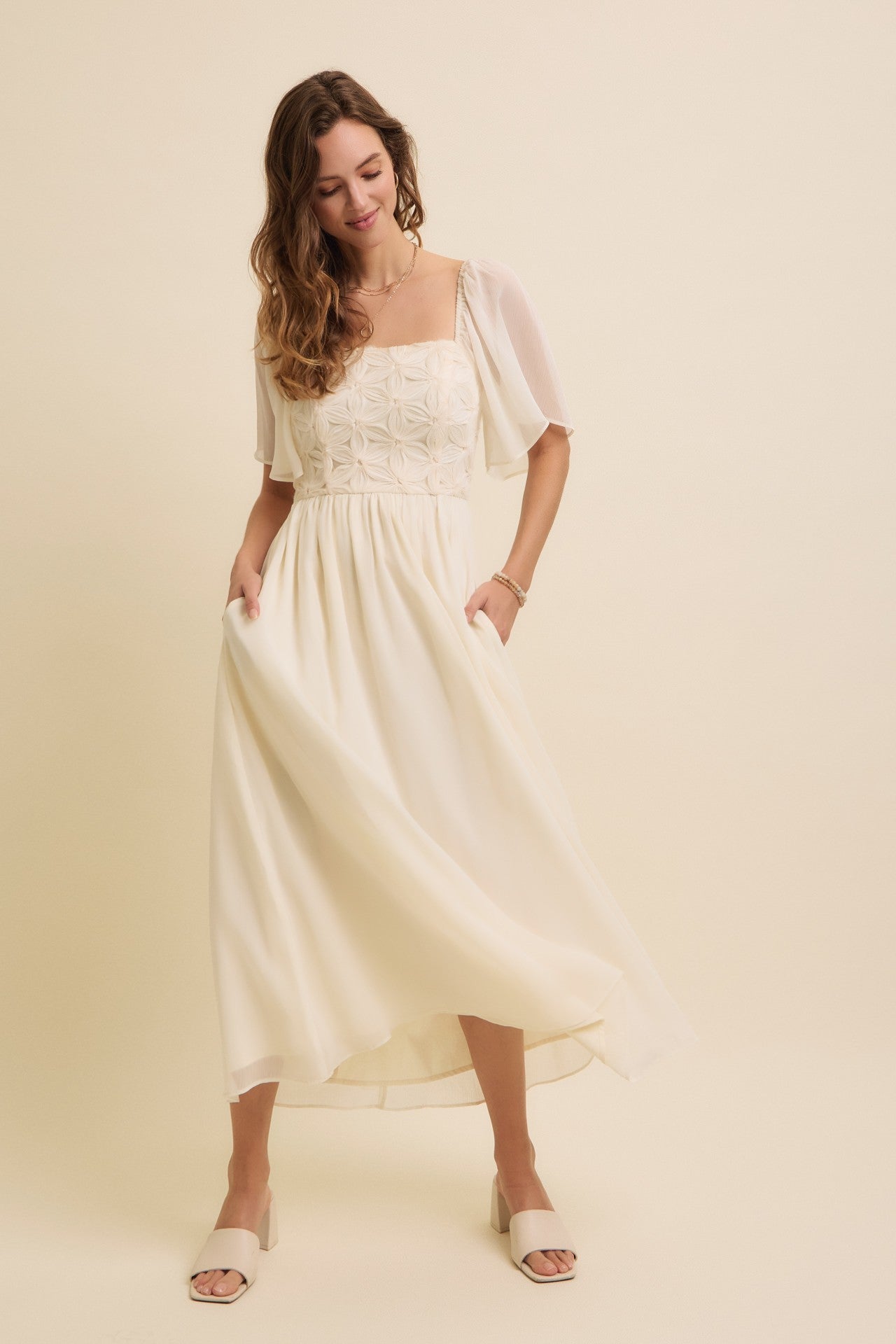 Cream Floral Applique Flutter Sleeved Midi Dress