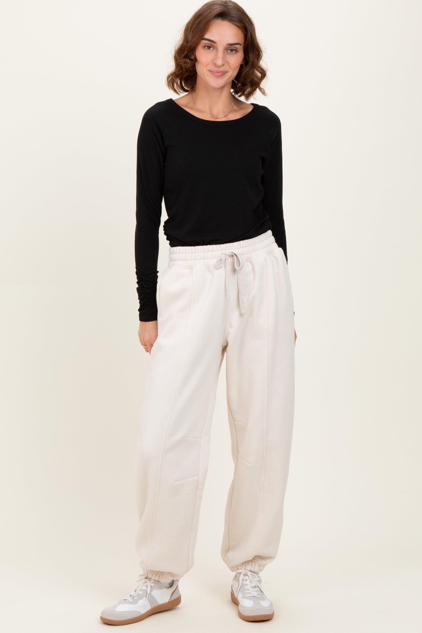 Cream Drawstring Relaxed Fit Sweatpants