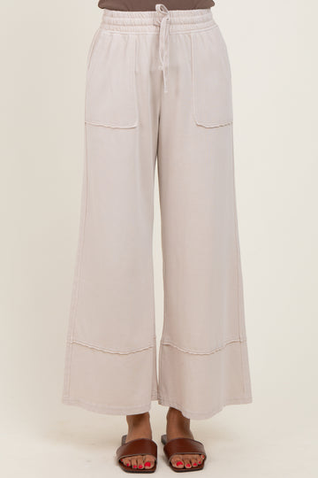 Cream Mineral Wash Wide Leg Ankle Pants