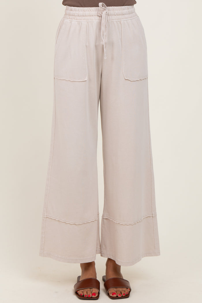Cream Mineral Wash Wide Leg Ankle Pants