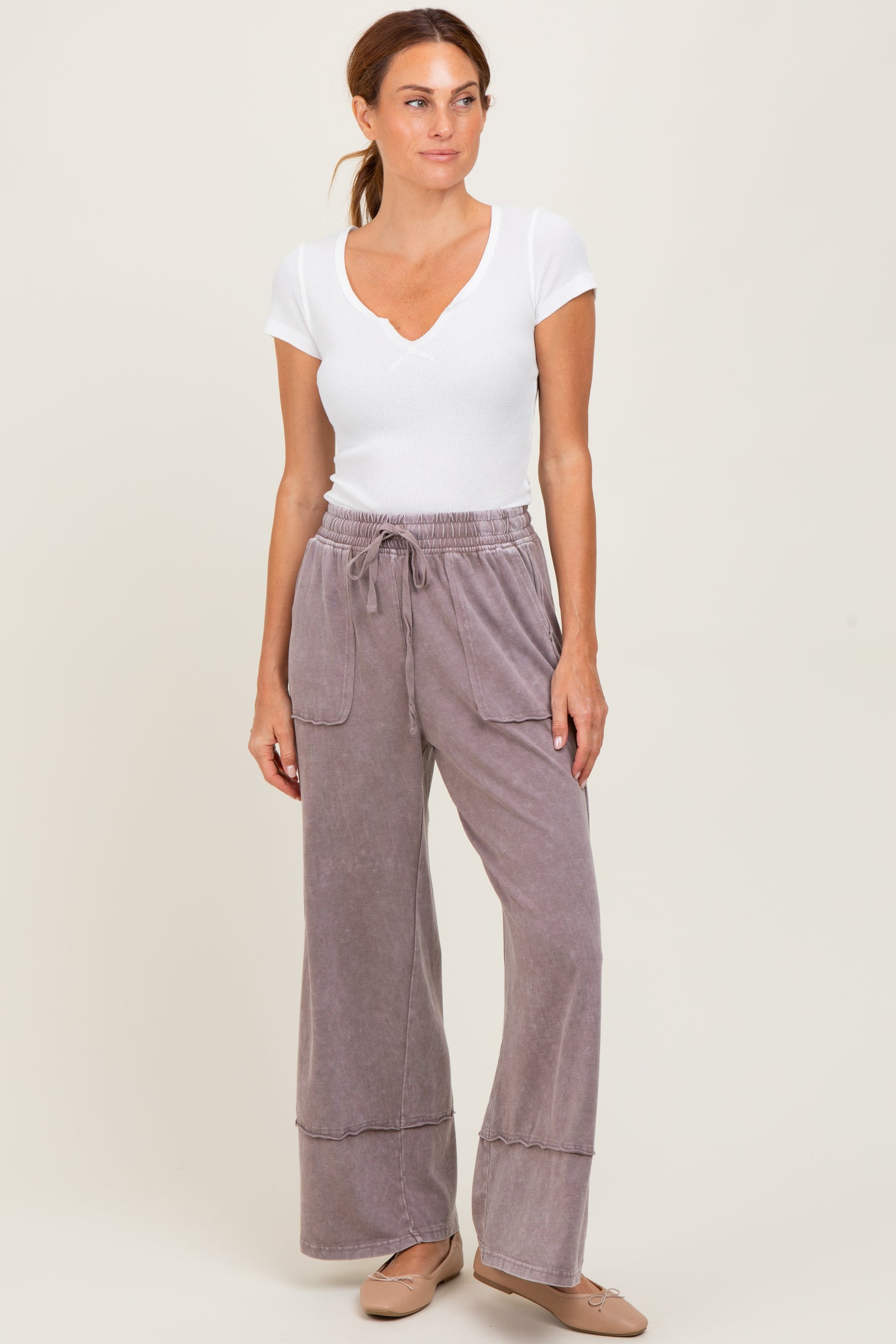 Mocha Mineral Wash Wide Leg Ankle Maternity Pants