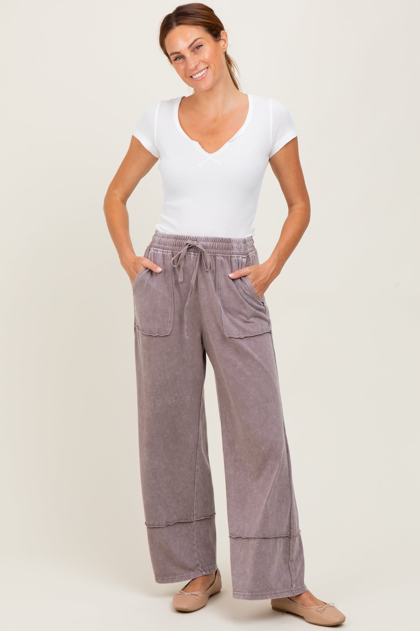 Mocha Mineral Wash Wide Leg Ankle Pants