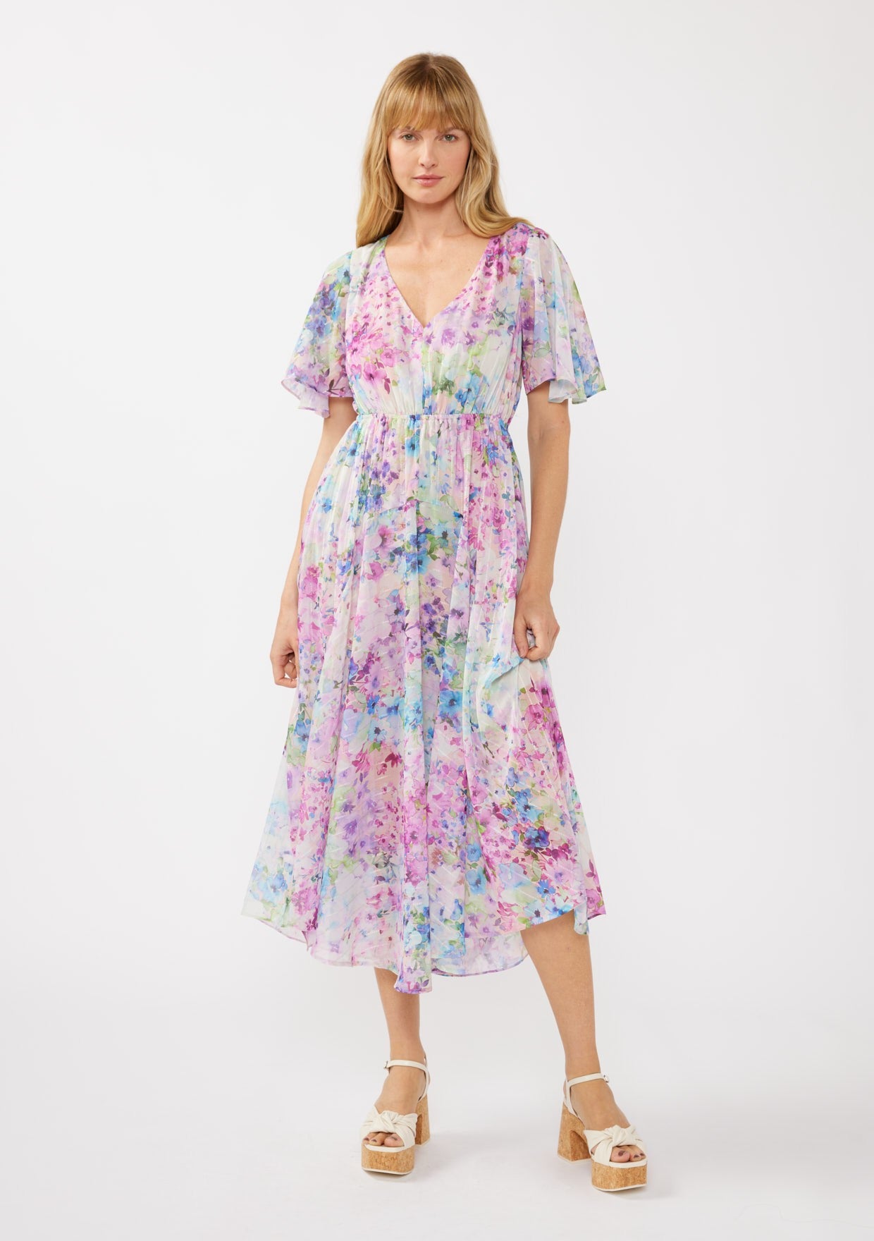 Light Pink Watercolor Floral Flutter Sleeve Maternity Midi Dress