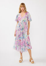 Light Pink Watercolor Floral Flutter Sleeve Midi Dress