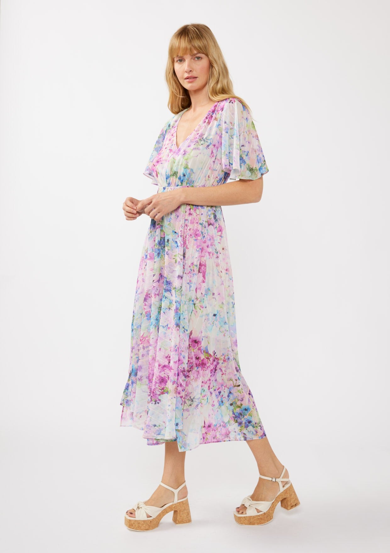 Light Pink Watercolor Floral Flutter Sleeve Midi Dress