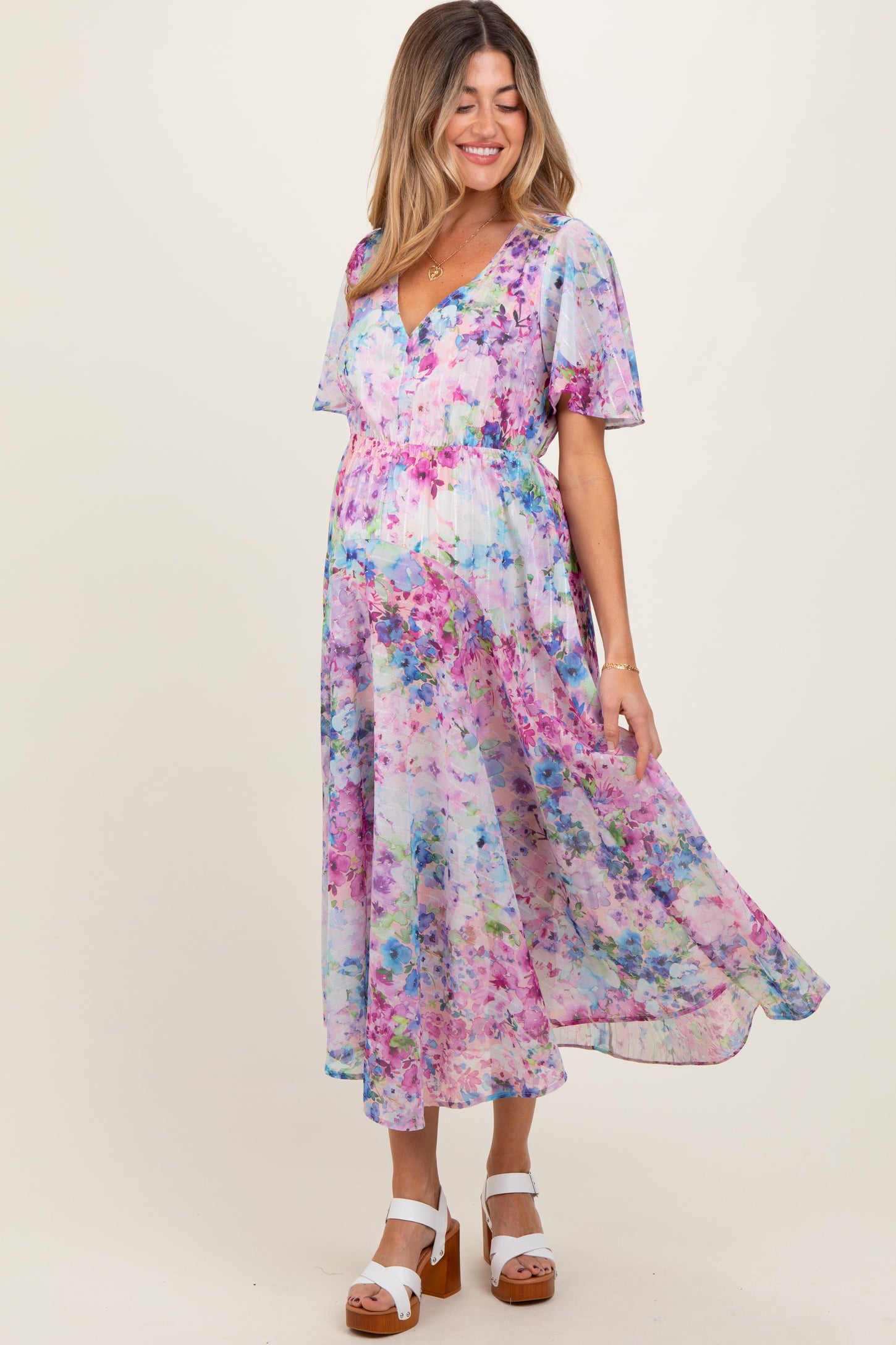 Light Pink Watercolor Floral Flutter Sleeve Maternity Midi Dress