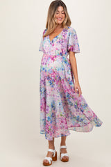 Light Pink Watercolor Floral Flutter Sleeve Maternity Midi Dress