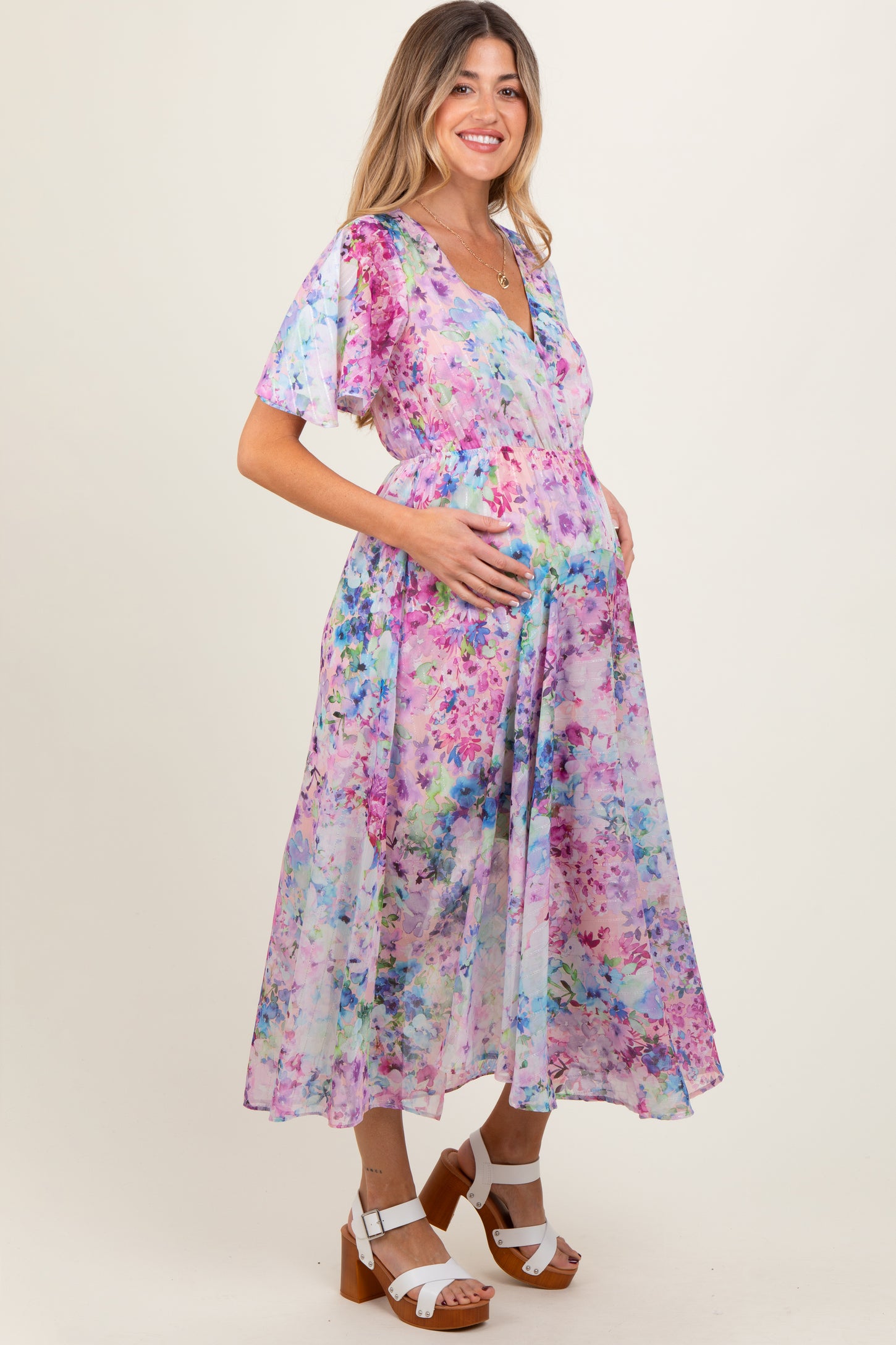 Light Pink Watercolor Floral Flutter Sleeve Maternity Midi Dress