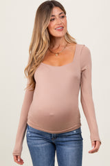 Beige Square Neck Long Sleeve Maternity Top