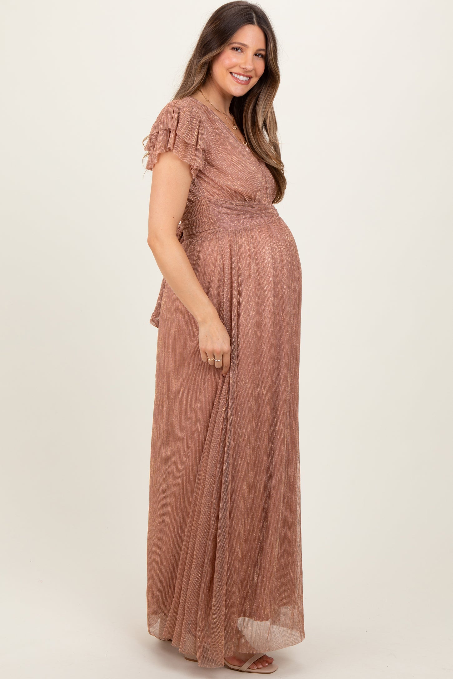 Gold Metallic Plisse Flutter Sleeve Maternity Maxi Dress