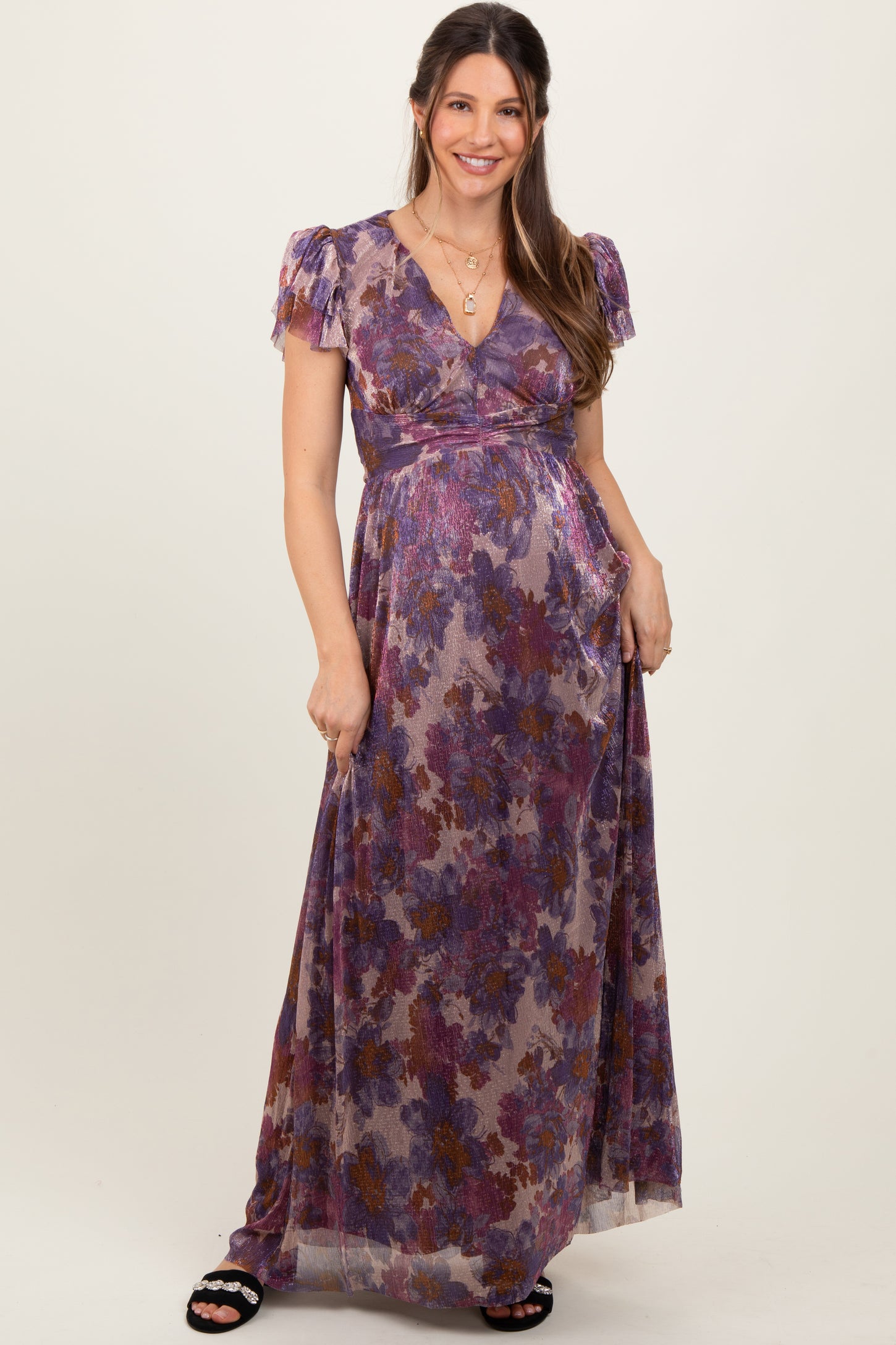 Violet Floral Metallic Flutter Sleeve Maternity Maxi Dress