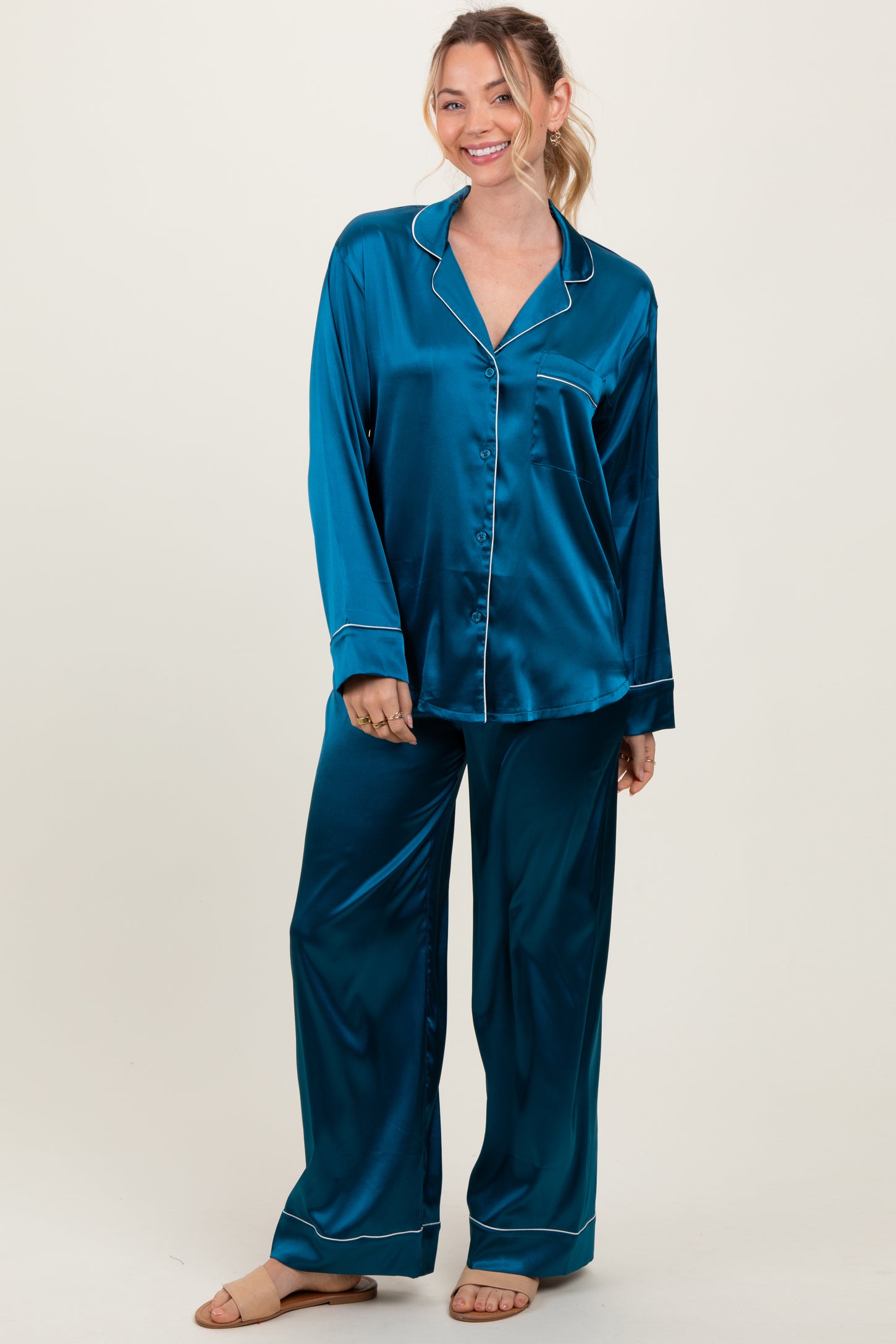 Teal Satin Contrast Trim Long Sleeve Pajama Set