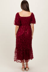 Burgundy Embroidered Sequin Detail Mesh Overlay Maternity Maxi Dress