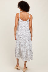 White Floral Outline Print Sleeveless Midi Dress