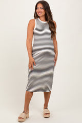 Cream Striped Ribbed Knit Sleeveless Maternity Midi Dress