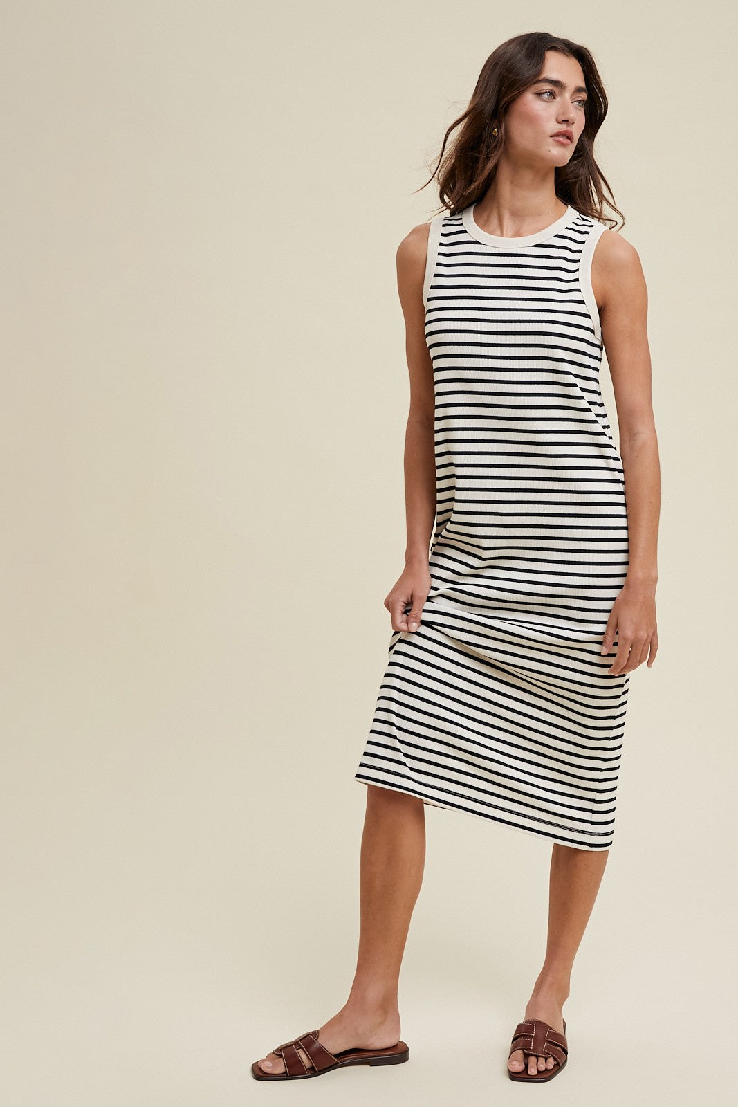 Cream Striped Ribbed Knit Sleeveless Maternity Midi Dress